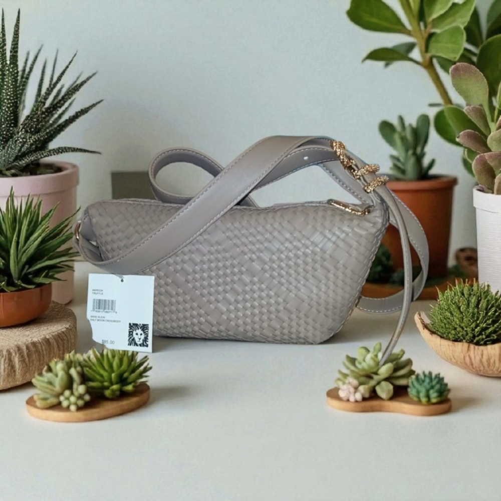 NWT Elegant Anne Klein Tan Woven Half Moon Crossbody Handbag